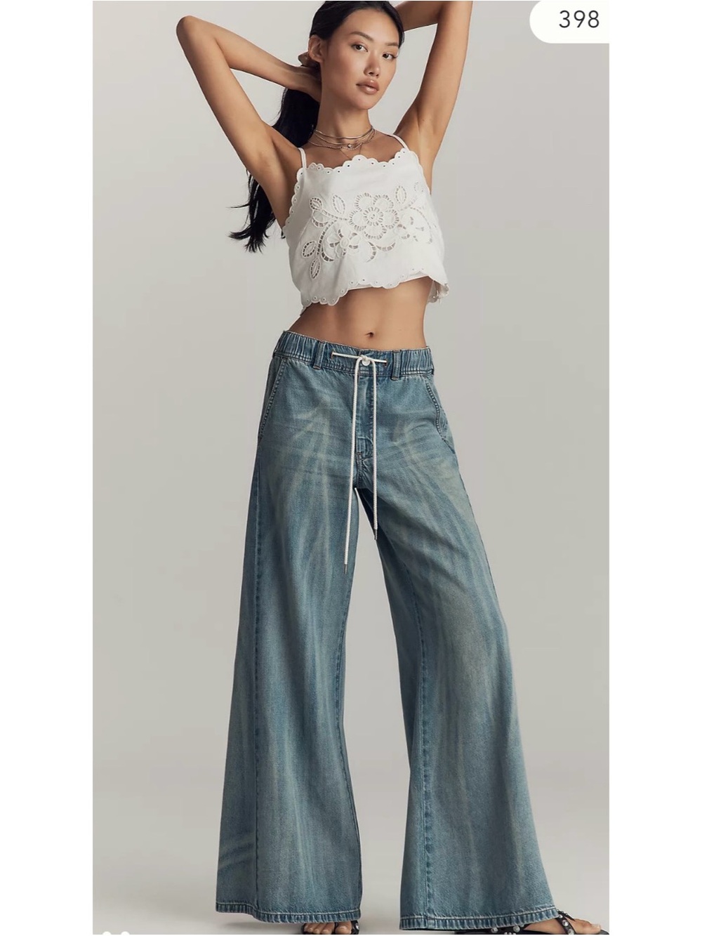 Wide Leg Drawstring Denim Jeans - Light Blue